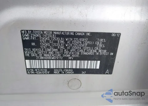 2012 Toyota Rav4 Base V6 from USA, damaged, VIN 2T3BK4DV8CW079112